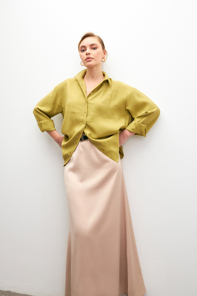 Bipantolon Women's Oil Green Soft Textured Oversize Modal Long Sleeve Shirt