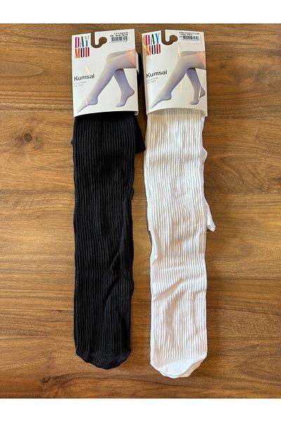 Daymod Kumsal Medium Thick Ribbed Children's Pantyhose Black-White 2 Pcs