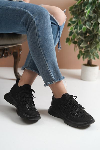 Lolita Love Shoes Pena Black Knitwear Stone Laced Sports Shoes