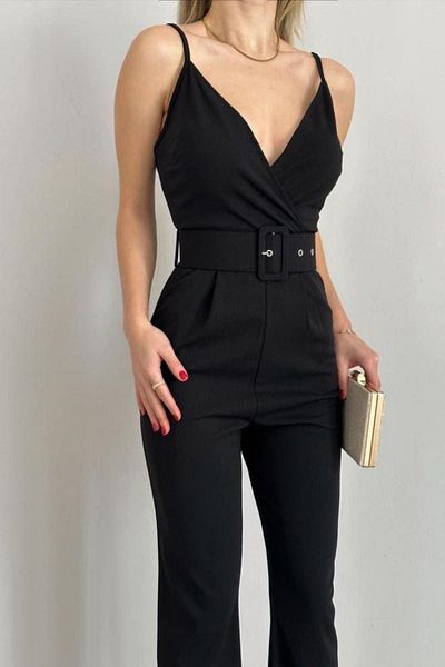 Mossta Strappy Double Breasted Collar Belted Jumpsuit Black