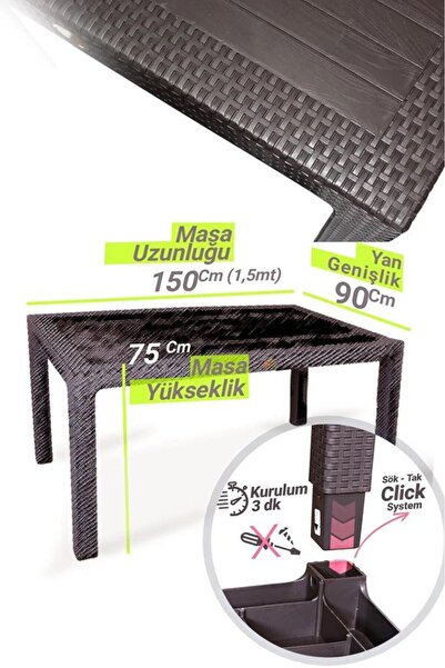 nar sokağı Bambu Kahve 90x150 Cm Camlı Rattan Bahçe Balkon Masa Takımı