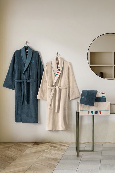 Cotton Box Σετ Οικογενειακό Μπουρνούζι Κεντημένο Puff Gaja Beige-Petrol