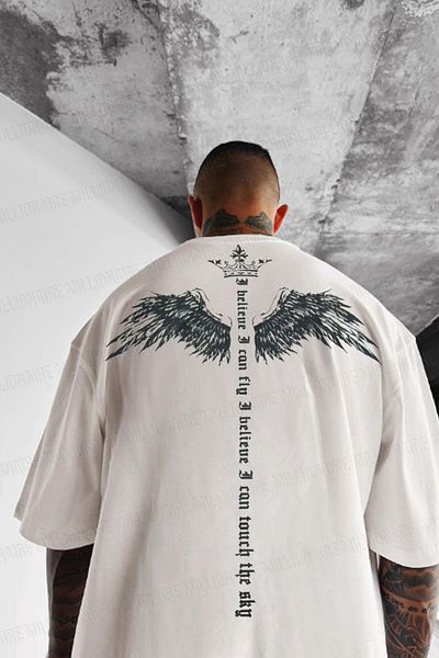 Millionaire Ανδρικό εκρού λευκό I Can Fly Oversize Fit Loose Wide Fit Loose Cut T-shirt
