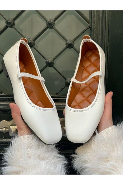 ERVANIN BUTİĞİ White Skin (Mary) Blunt Toe Elastic Women's Ballerinas