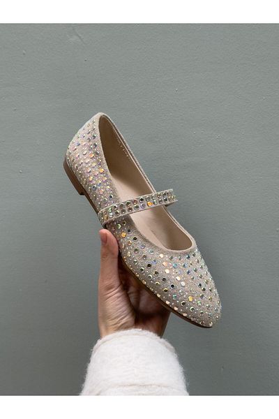 ERVANIN BUTİĞİ Beige Suede (Keith) Stone Detail Women's Ballerinas
