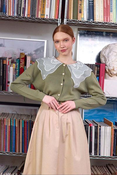 Ceylan Otantik Khaki Knitwear Cardigan with Lace Collar