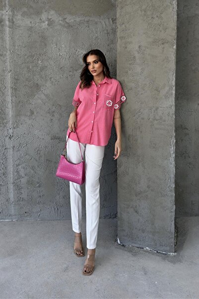 RB CLUB Kadın Çiçek Dantel İşleme Detaylı Keten Gömlek