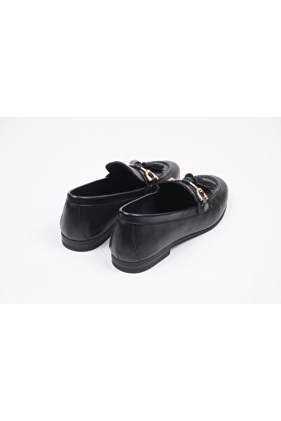 DeriNial Черна естествена кожа - дамски мокасини с катарама и пискюл