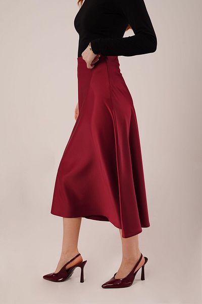 Kokosh moda Fusta Midi din satin burgundy cu croială clopot