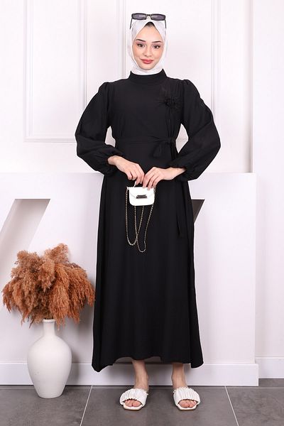 İmajButik Μαύρο φόρεμα με μπαλόνι με ζώνη
