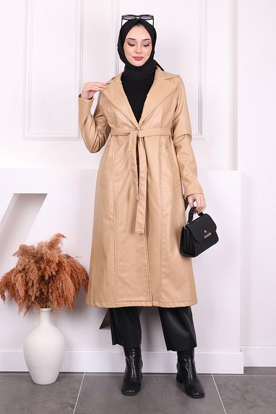 İmajButik Δερμάτινη καμπαρντίνα με ζώνη Camel