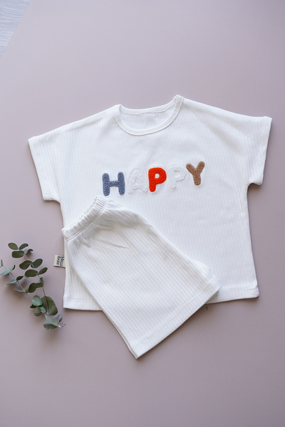 MELLS BABY Happy Embroidered Children's Shorts Ribbed Combed Cotton Suit