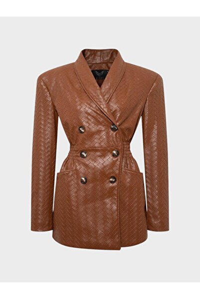 RİVUS Beli Oturtmalı ve Düğmeli Vegan Örgü Deri Ceket - Taba