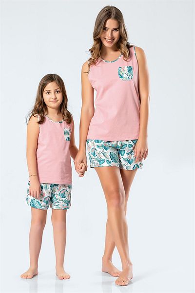 TÜREN 3342 Mother & Daughter Woven Leaf Sleeveless Shorts Set Powder