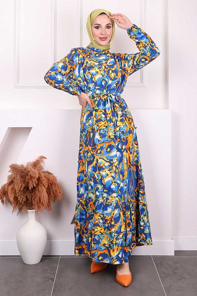 İmajButik Φόρεμα Saks με μπλε μοτίβο φούστα με στρώσεις Viscon