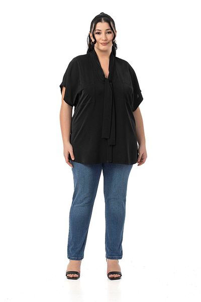 DISENTIS MODEST Large Size Tie-Up Collar Detail Low Half Sleeve Black Blouse