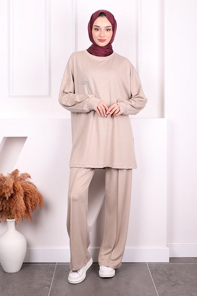 İmajButik Κοστούμι παντελόνι Modal Tunic με κεντημένο πέτρα βιζόν