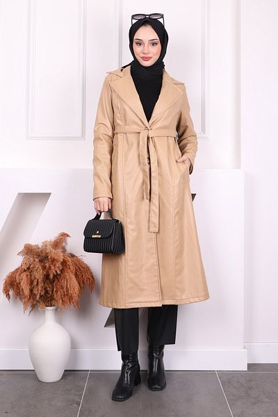 İmajButik Δερμάτινη καμπαρντίνα με ζώνη Camel