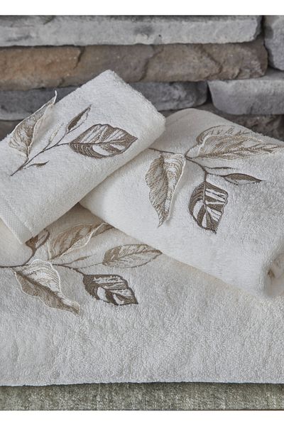 Dantela Kod-9960 3 Piece Embroidered Cotton Bath Towel Set - Cream