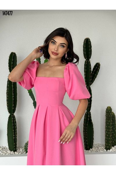 JANES Women S Red Midi Dress with Balloon Sleeves and A-Line Hem - Elegant and Chic Design