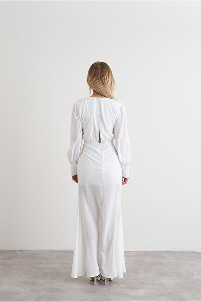 Rabia Çelik Düğme Detay Balon Kol Beyaz Nikah&Düğün Maxi Elbise