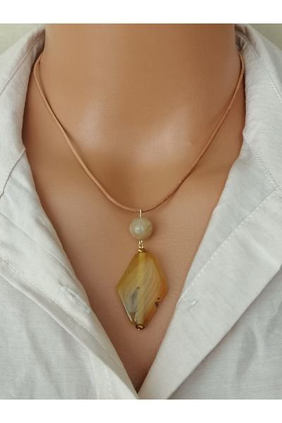 LemaStone Natural Stone Leather Necklace (Designed Using Aa Quality Agate Stone, Jade Stone, Ceint Stone.)