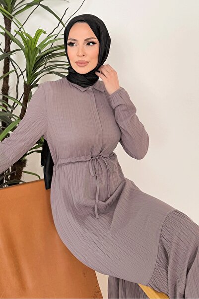 Bestenur Marine Shirt Collar Dress 1367 - Stone