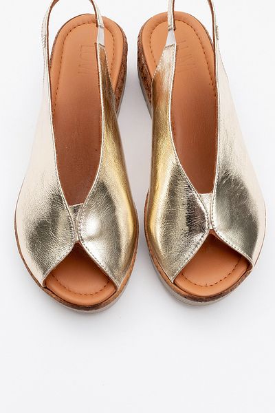 LuviShoes Sandale de damă BLOM Gold din piele naturală cu toc cu pană