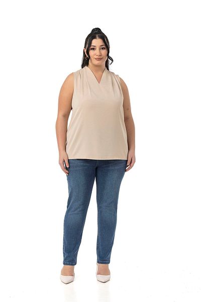 DISENTIS MODEST Large Size Shoulder Pleat Detail V-Neck Sleeveless Beige Color Blouse