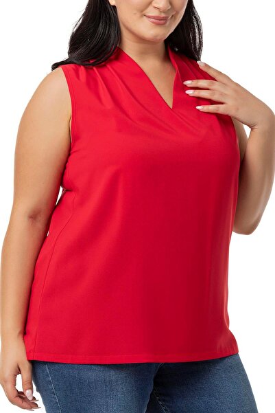 DISENTIS MODEST Plus Size Pleated Shoulder Detail V-Neck Sleeveless Red Blouse