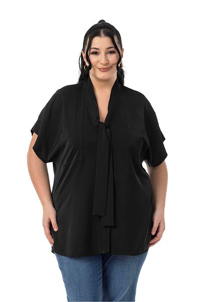 DISENTIS MODEST Large Size Tie-Up Collar Detail Low Half Sleeve Black Blouse
