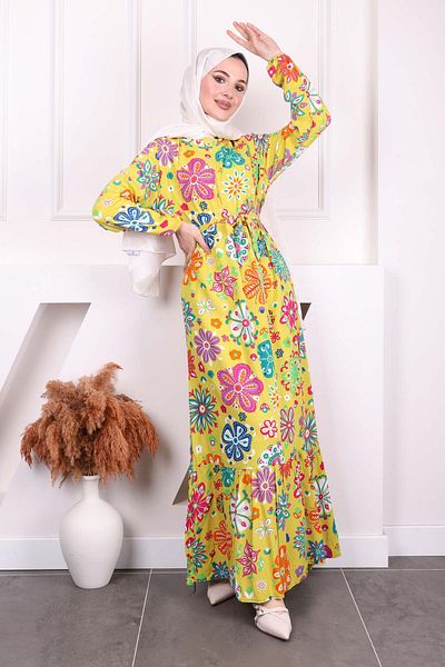 İmajButik Φόρεμα Viscon με πράσινη φούστα με λαδί