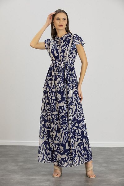 Işşıl IŞIL E0019-Pleated Pregnant Collar Chiffon Gilet Dress