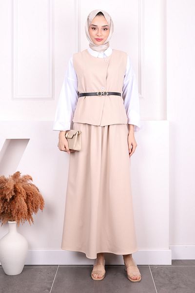 İmajButik Μπεζ Κοστούμι γιλέκο με ζώνη μέσης