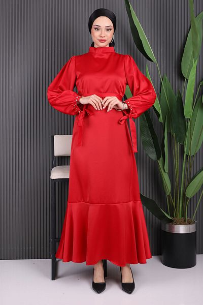 İmajButik Red Stone Detailed Skirt Flounced Satin Evening Dress