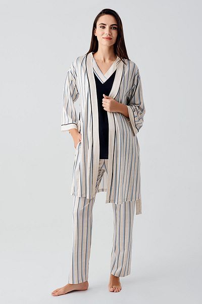 Artış Short Sleeve Striped Linen Effect Stretchy Viscose Maternity Dressing Gown Pajama Set