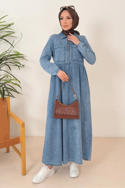 Bestenur Τζιν Φόρεμα Razel Half Zipper 1394 - Μπλε