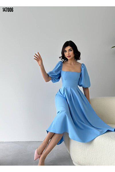 JANES Women S Red Midi Dress with Balloon Sleeves and A-Line Hem - Elegant and Chic Design