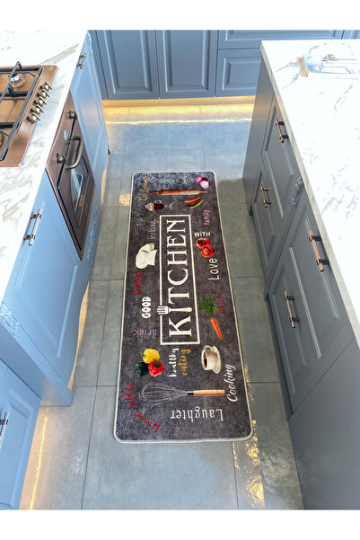 Brillant Koyu Gri Renk Yıkanabilir Mutfak Yolluk Lateks Deri Taban Halı