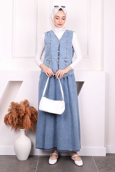 İmajButik Blue Vest Skirt Denim Suit