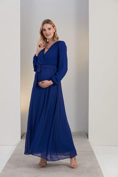 Işşıl O7053-Rochie Maxi de Maternitate pentru Baby Shower-Brâu din Sifon