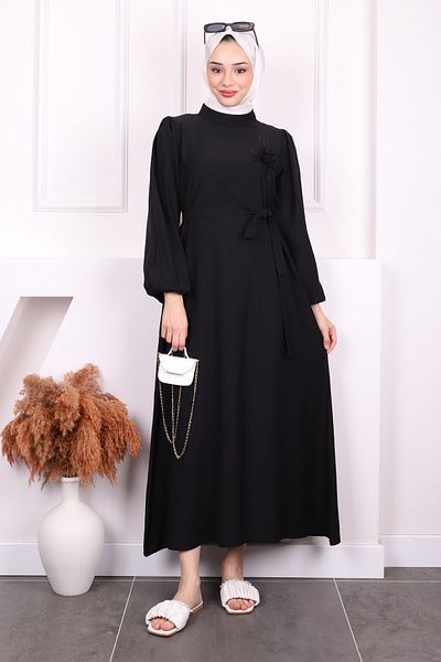 İmajButik Μαύρο φόρεμα με μπαλόνι με ζώνη
