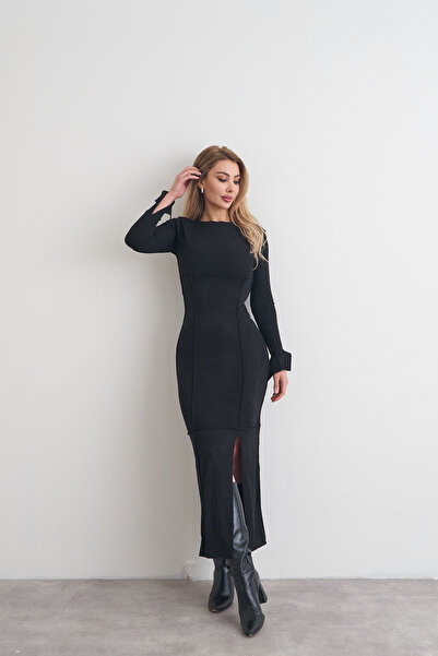 Rabia Çelik Kadın Siyah Dikiş Detaylı Yırtmaçlı Triko Uzun Kollu Midi Elbise