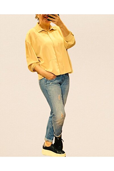 Smirnebutik Saten ipek geniş kalıp crop gömlek