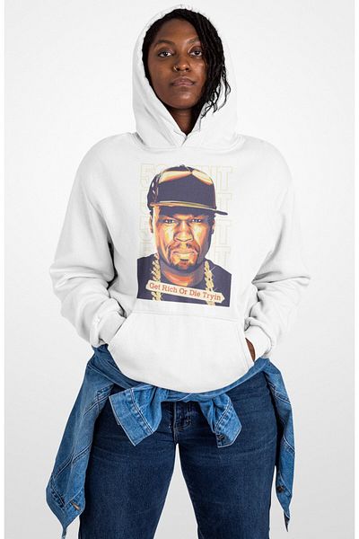 Fuddy Moda Oversize 50 Cent Printed Hooded Sweatshirt, Unisex Rap Music Themed Hoodie