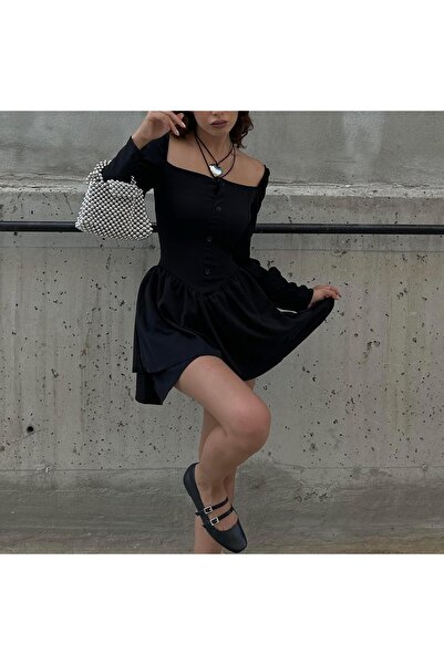Köstebek Μαύρο Μίνι Μακρυμάνικο Μίνι Φόρεμα με Κουμπιά και Δαντέλα