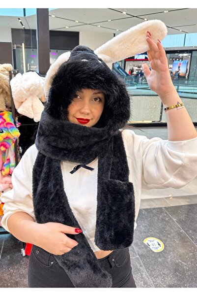 AKÇAY Şık Tasarımlı Kapüşonlu Peluş Bere , Atkı , Eldiven , Boyunluk