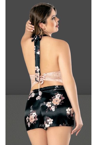 Cooqpoo Powder Xl-2Xl-3Xl-4Xl Size Black over Floral Thin Strap Satin Nightgown Suit
