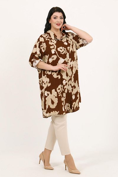 By Alba Collection Women's Tan Color Patterned Cotton Viscose Large Size Tunic
