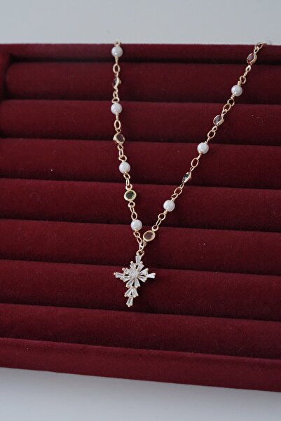 AŞIK ACCESSORIES İnci Zincirli Taşlı Haç Kolye